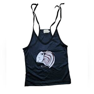 Vintage Black Tank Top with Artistic Print Swirl Tie Straps Adjustable